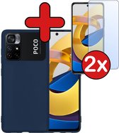 Hoesje Geschikt voor Xiaomi Poco M4 Pro 5G Hoesje Siliconen Case Hoes Met 2x Screenprotector - Hoes Geschikt voor Xiaomi Poco M4 Pro 5G Hoes Cover Case - Donkerblauw