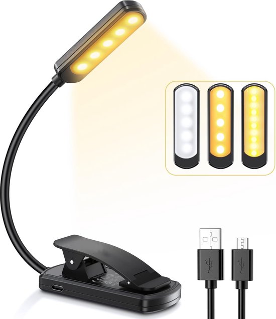 Leeslampje - 10 LEDs, 3 Kleuren & Helderheid Instelbaar - Anti-Blauw Oogbescherming - USB Oplaadbaar, Ultralicht & Draagbaar met Clip - Energieklasse A - Zwart