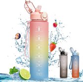 Waterfles 1 Liter - Met Tijdmarkeringen - Rietje Drinkmethode - Lekvrij - BPA-Vrij - Sportdrinkfles - Roze - Ideaal Voor Fitness, Yoga, Fietsen