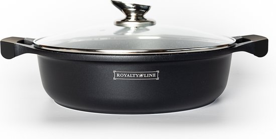 Royalty Line® BR28ML Braadpan Inductie - Stoofpot - Ø 28 cm / 4 Liter - Hapjespan Voor Alle Warmtebronnen - Met Glazen Deksel - Zwart