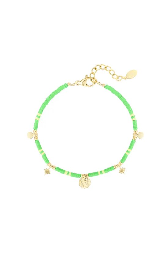 Bracelet beads with charms Green & Gold Hematite - Yehwang - Armband - 16 + 3 cm - Stainless Steel (verkleurt niet!) - Goud en Groen