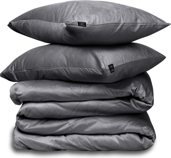 Housse de couette Velvet Couture - Velours - Housse de couette - 200x200/220 cm - Double - Anthracite - bande à enfiler - Velvet Soft - Fini avec des boutons pression