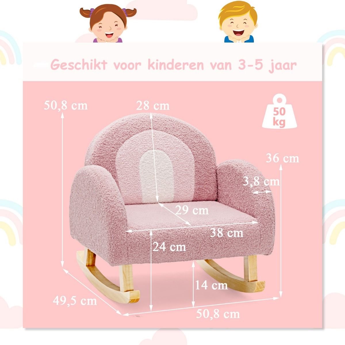 Trendmix Kinderschommelstoel Teddy Roze – Ergonomisch – Voor Kind 3-5 Jaar – Houten Schommelstoel – 50,8 × 49,5 × 50,8 cm — afbeelding 9