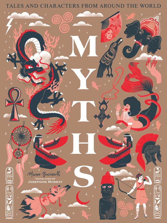 Boekomslag 'Myths' met illustraties van wereldwijde mythologische wezens in rood, zwart en crème op een beige achtergrond.