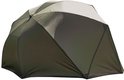 Olijfgroene en beige visbrolly, gesloten, op een witte achtergrond.