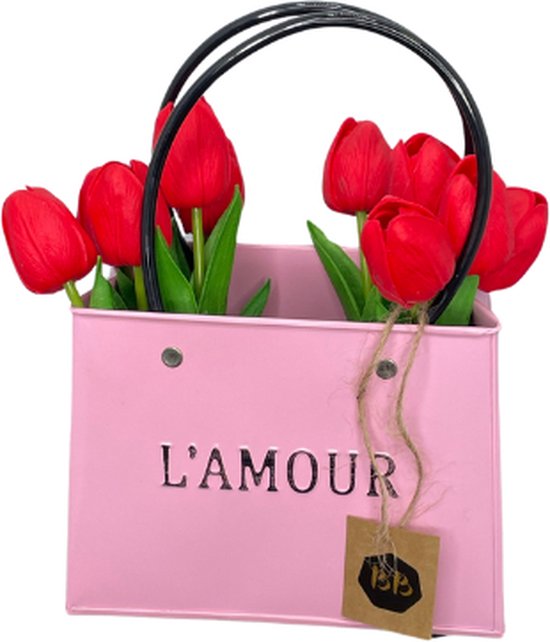 L'amour Vaas met Zijden Tulpen - HBX Natural Living - Vaas - Roze - 16cmx17,5cmx14,5cm