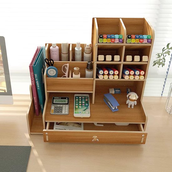 Organisateur De Bureau En Bois Et ABS - 5 Compartiments - 18.5x14x9.3 Cm - Pour Stylos, Téléphone, Fournitures - Rangement Bureau, école, Maison - 7