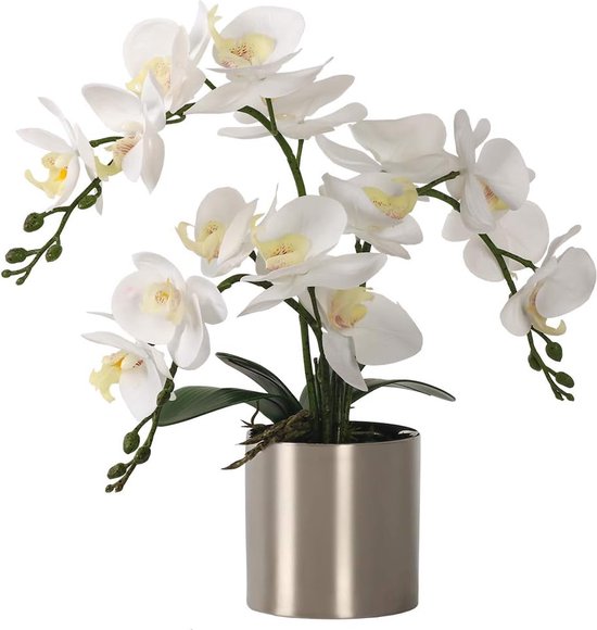 Kunstmatige orchideebloem met vaas, witte orchidee Bonsai Kunstmatige orchidee Phalaenopsis Bloempotarrangementen voor huisdecoratie (witte, zilveren vaas)