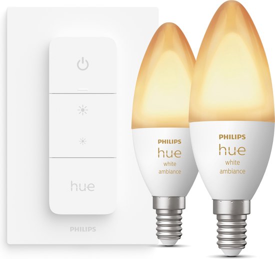 Ensemble de lampes bougie Philips Hue - lumière blanche chaude à froide - pack de 2 - E14 - avec Switch d'intensité