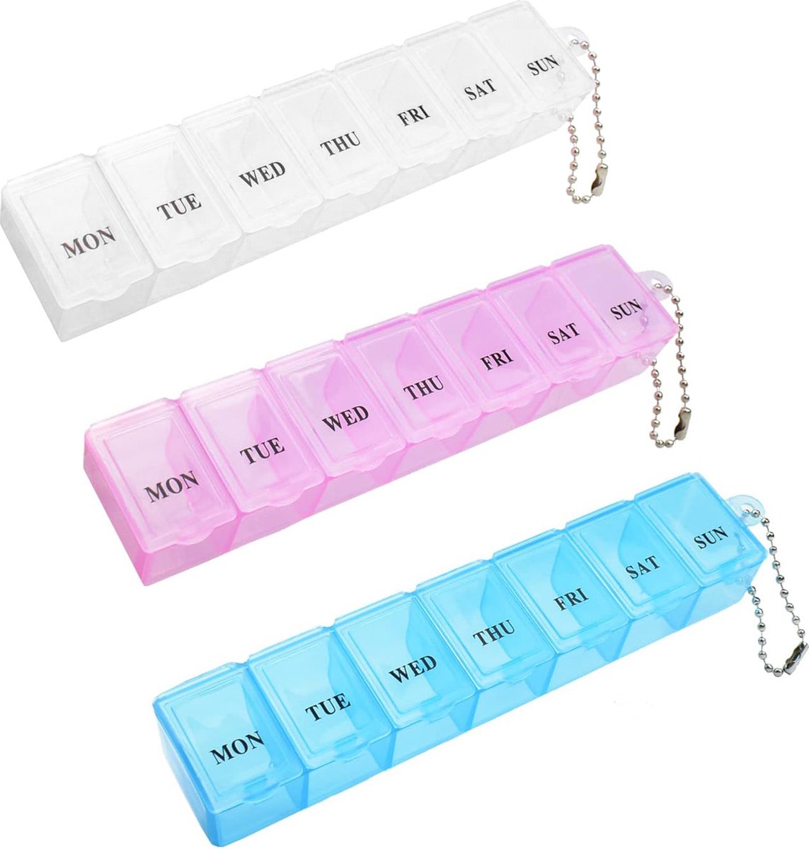 Goedkoopste Pillendoos - 3 stuks - Uitneembare Pillendoosjes - 7 vakjes - Doos met Medicijnen - voor onderweg - 7 Dagen - Doos met Medicijnen - Pillen Planner - Pillendoosje - Overzichtelijk - Medicijn box met dag aanduiding