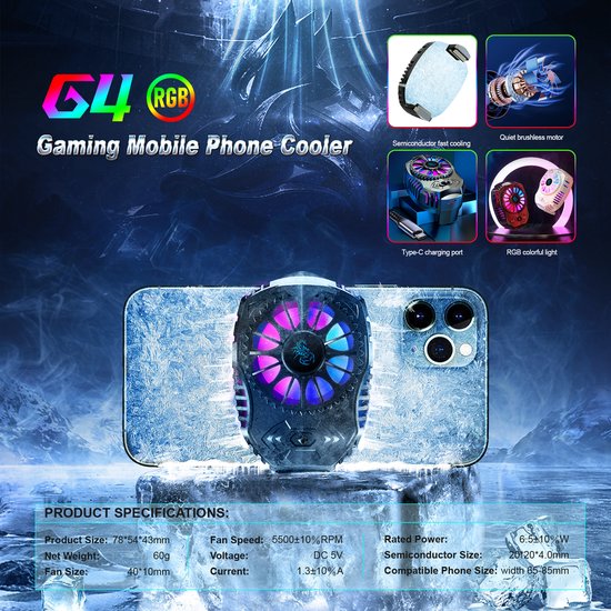 CoolCold G4 - Telefoon Koeler - Phone Cooler - Sminconductor Smartphone Radiator - Zwart - RGB - Breedte 65-85mm - CoolCold