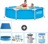 Intex Rond Frame Zwembad - 244 x 51 cm - Blauw - Inclusief Afdekzeil - Onderhoudspakket - Zwembadfilterpomp - Filter - Vloertegels