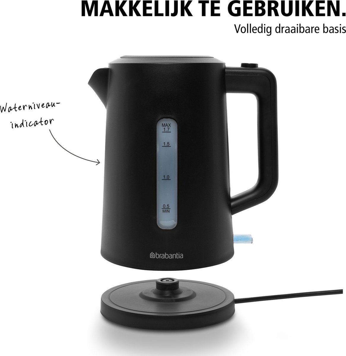 Brabantia Waterkoker - 2200 Watt - 1.7L - Snoeropbergruimte - Automatische uitschakeling - Zwart - BBEK1017 — afbeelding 3