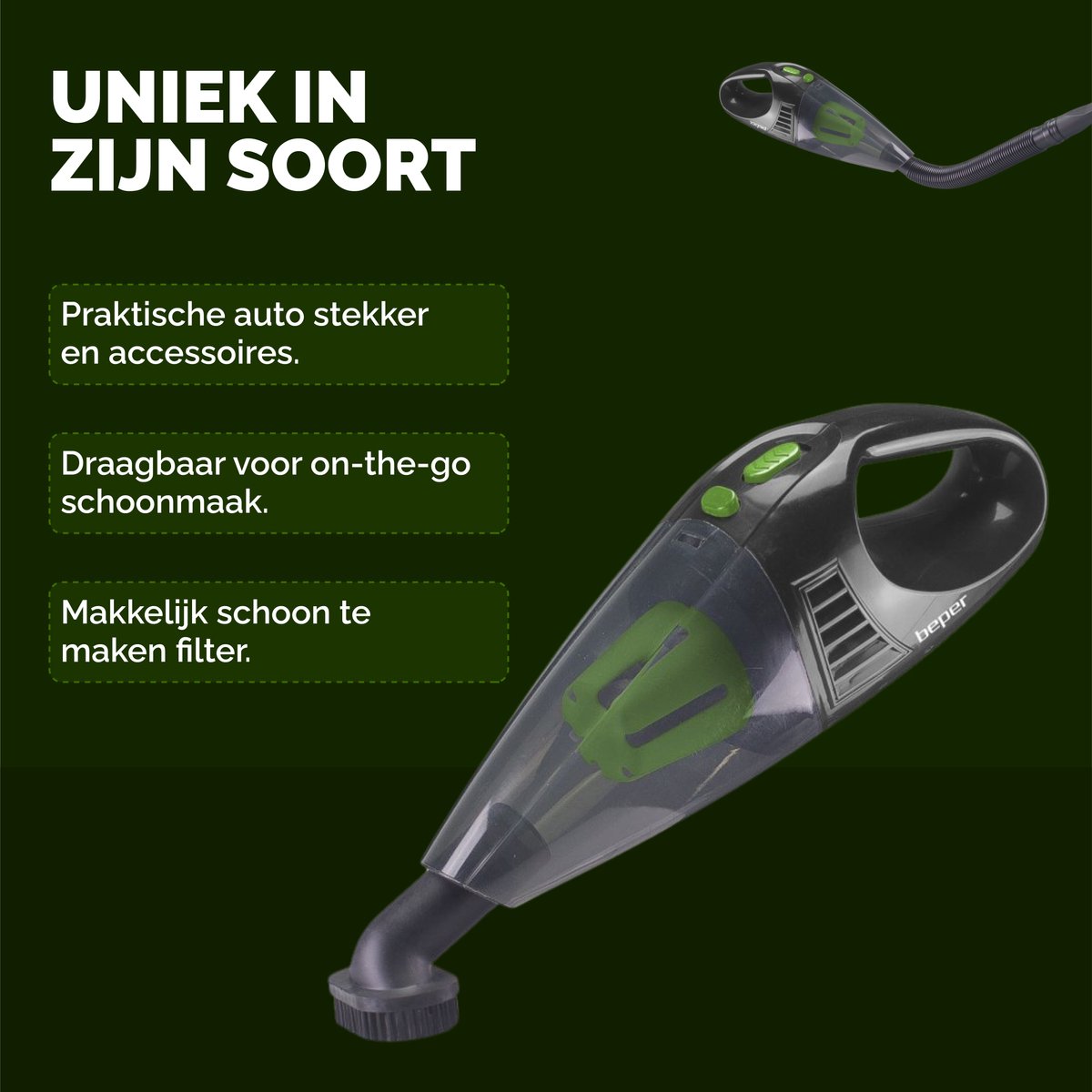 Beper Auto Stofzuiger Mini Zwart met Groen Accessoires - afbeelding 3