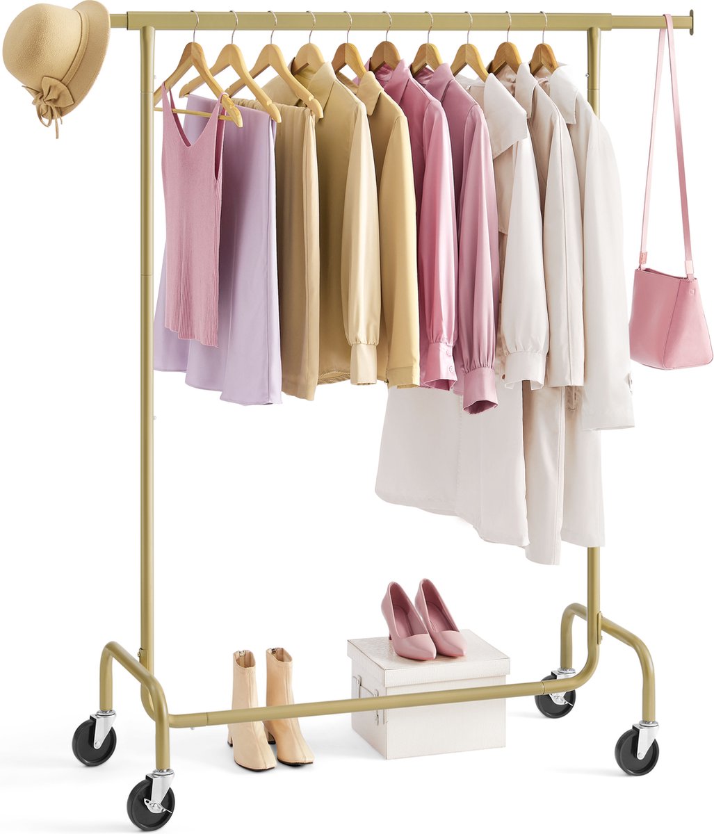 O'DADDY® Kledingrek - Kledingrek op Wieltjes - Kledingrek metaal - Kleding rek - Kledingrekken - Garderoberek - Kledingstang - Kledingrek goud - Uitschuifbare Kledingstang - Verstelbare Hangstang - Stabiel tot 130 kg - Goud