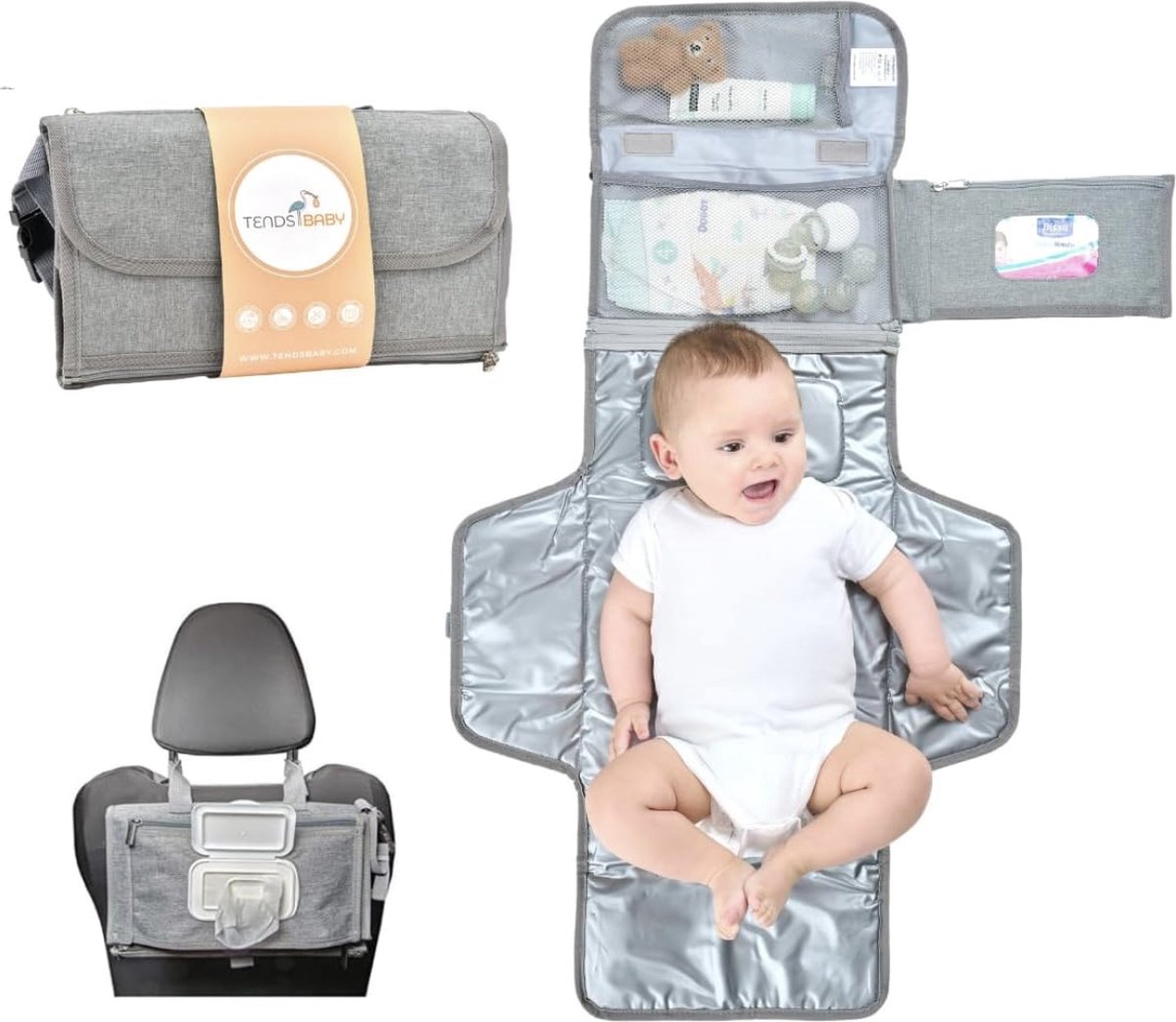 Goedkoopste Draagbaar aankleedkussen XL - opvouwbare waterdichte aankleedmat ideaal als cadeau voor pasgeborenen - De aankleedmat is een afneembare tas met 6 vakken als toilettas voor babyartikelen