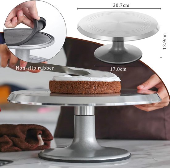 Yizish 30,5 cm draaibare taartstandaard met roestvrijstalen ijsspatel (2 stuks) en glazuurgladder (3 stuks) voor bakken, gebak en cupcakes (7 stuks