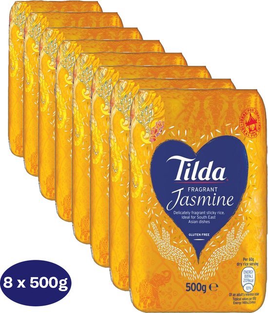 Foto: Tilda pandan jasmijnrijst 8 x 500 gram multi voordeelverpakking fragrant jasmin rice jasmijn rijst kleefrijst ideaal voor oosterse gerechten vegetarisch glutenvrij