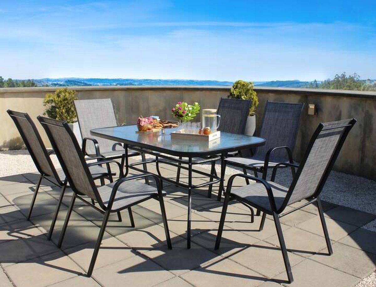 Tuinset meubel- compleet set voor in de tuin- tafel + stoelen- glazen tuin tafel - zwart - Tafel + 6 stoelen