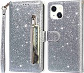 Glitter Bookcase Hoesje Geschikt voor: iPhone 14 Plus met rits - hoesje - portemonneehoesje - Zilver - ZT Accessoires