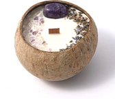 Kaars - Handgemaakte Kokos Kaars - Paarse kleur - Met kristallen en gedroogde bladeren - Houten lont - 100% Natuurlijke Sojawas - Geurkaars - Cadeau - Sham's Art