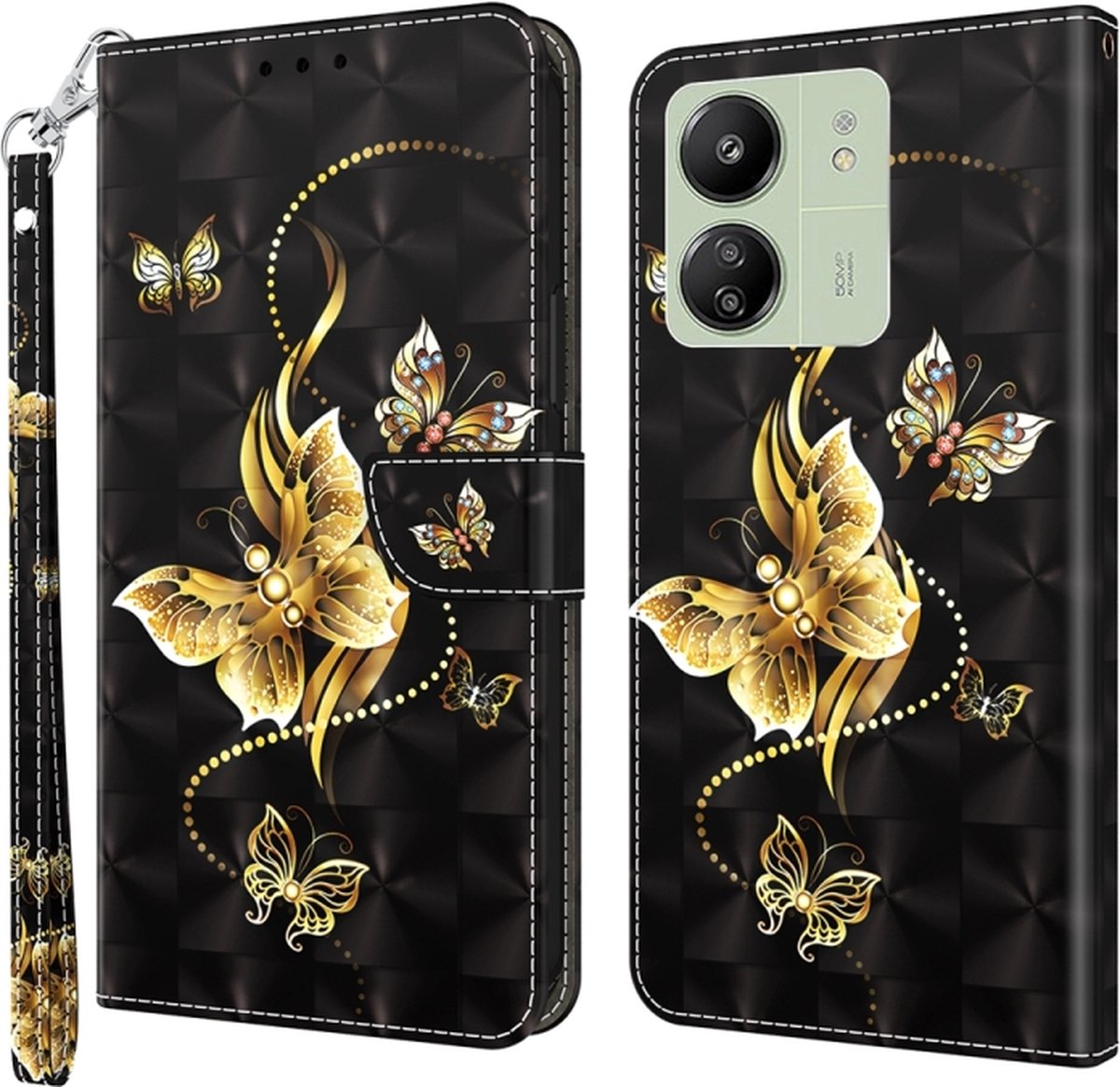 Goud vlinders book case hoesje - 3D motief - Xiaomi Redmi 13C / Poco C65