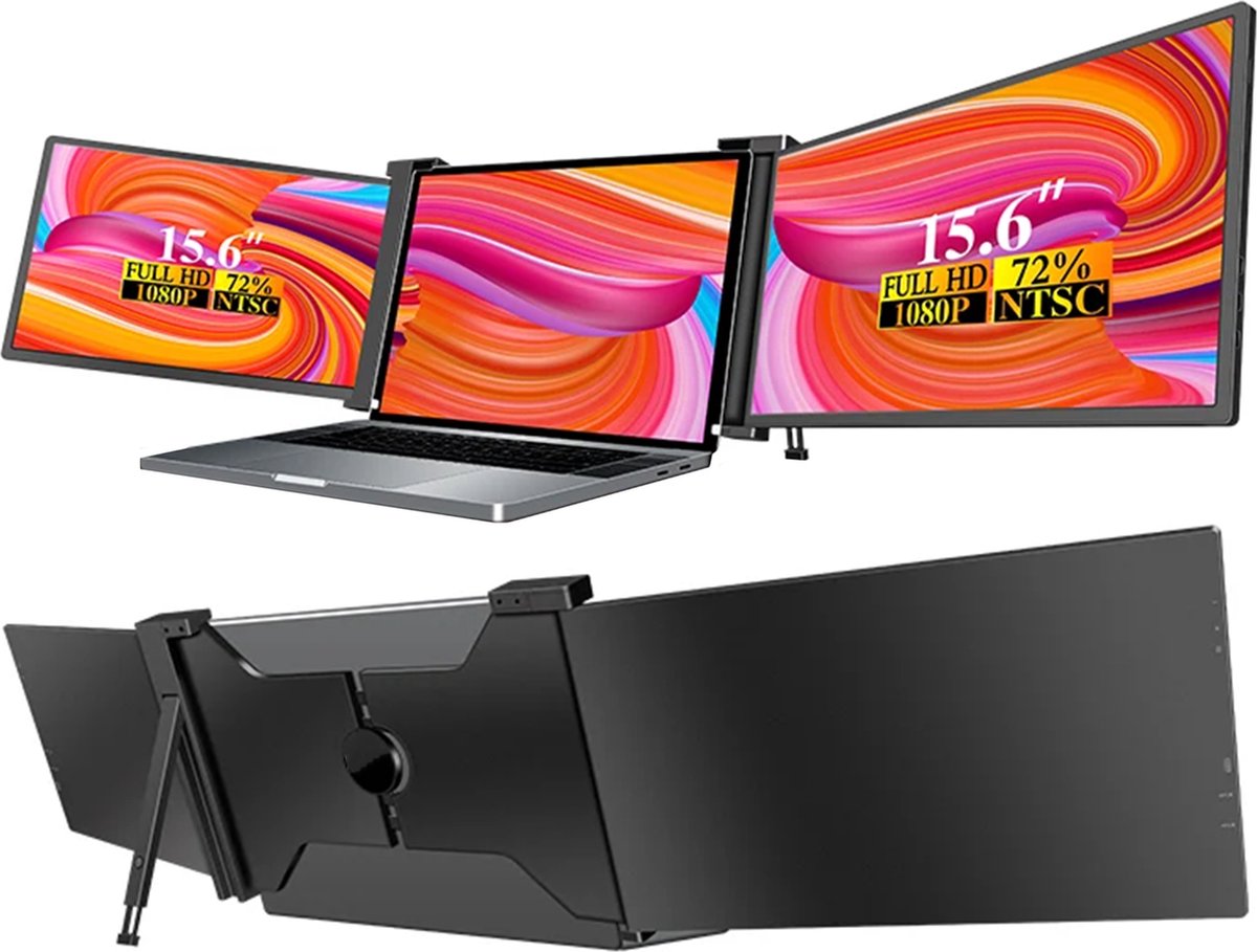 K&G Portable Monitor Pro 2024 - Full HD - 15” / 18,1” Tri-Screen - Laptop Scherm Uitbreider - Inclusief Beschermhoes en Kabels - Zwart - K&G Goods