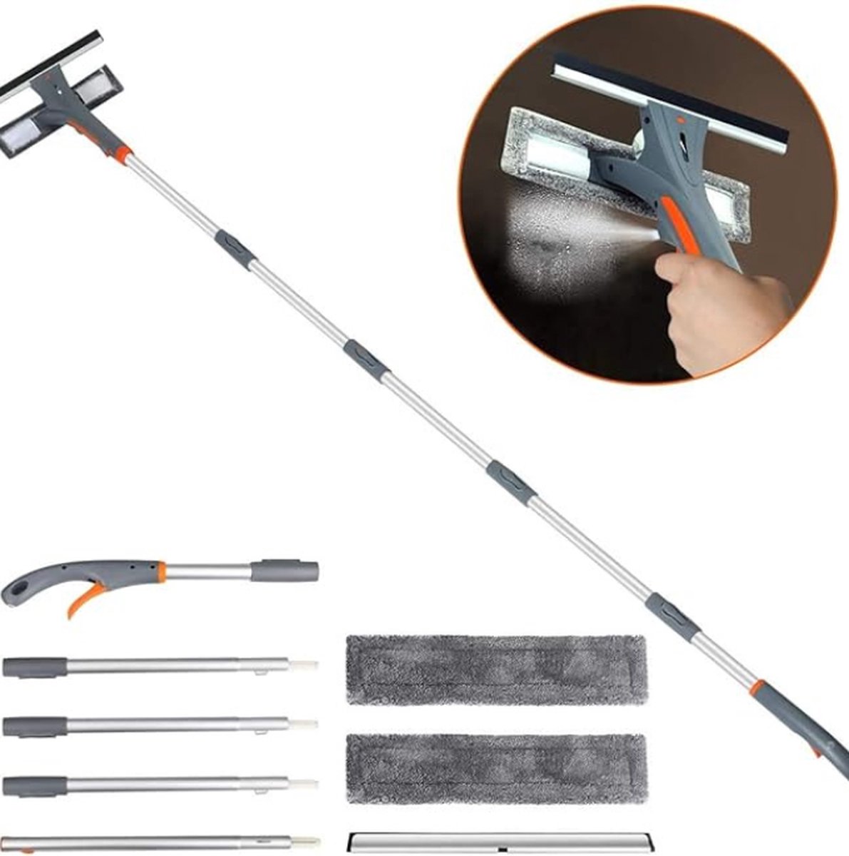 Raamwisser - "3-in-1 Raamreinigingsset: Compleet Glasreinigingsgereedschap met Spray, Microvezel Schrobber en Verlengstang van 193 cm, Perfect voor Hooggelegen Ramen (Inclusief 2 Pads)"