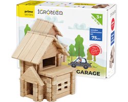 Bouwset houten huis met garage, gemaakt in Oekraïne.