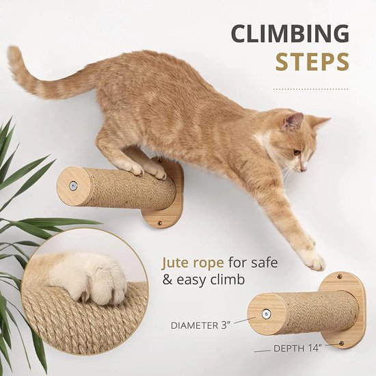 Foto: Sisal step set 2 stuks voor katten klimmuur wandmeubel set sisal palen muurplankjes hangmat kat krabplank kattenhangmat muursteps muur wall steps wallsteps kattenmand wandmontage muur muurplankjes krabplank