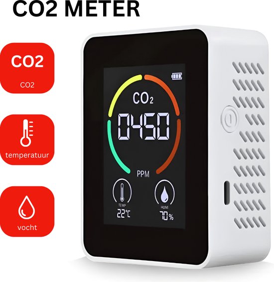 Foto: Co2 meter thermometer 3in1 vochtmeter digitaal hygrometer koolstofdioxide luchtkwaliteitsmeter draagbaar en oplaadbaar lcd scherm oplaadkabel