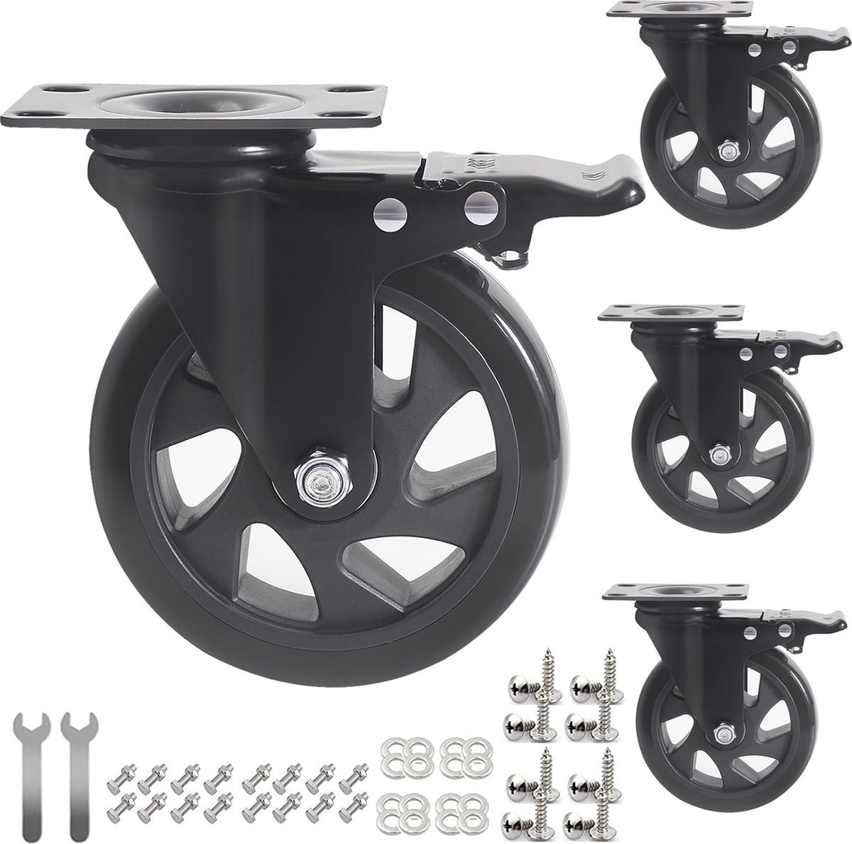 4 zwenkwielen met rem, 125 mm transportwielen met rem, strandstoelwielen, meubelwielen voor meubels, trolley, tafel, draagkracht 800 kg