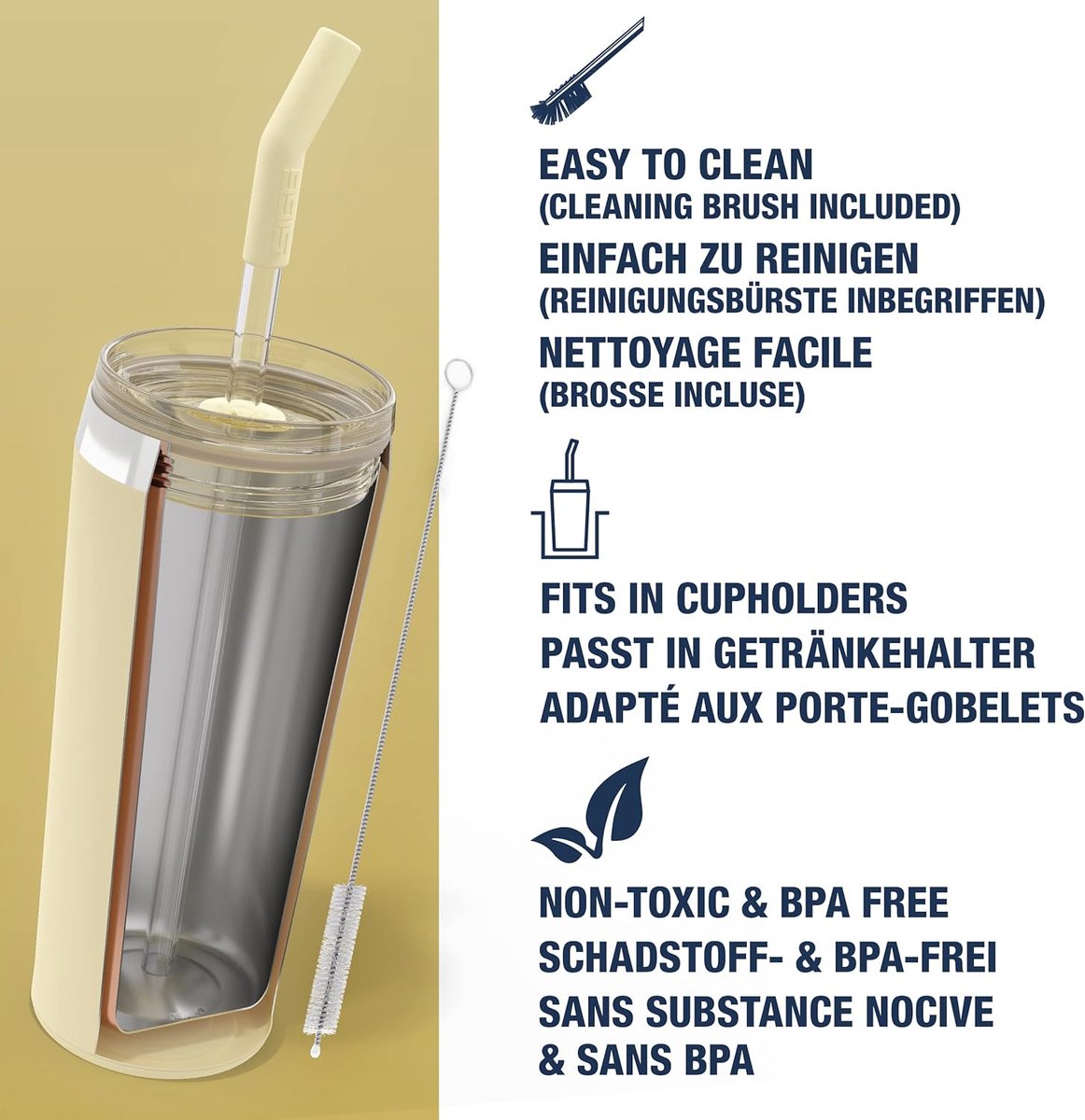 Dubbelwandige geïsoleerde thermobeker met glazen rietje - 0,45 l/0,6 l