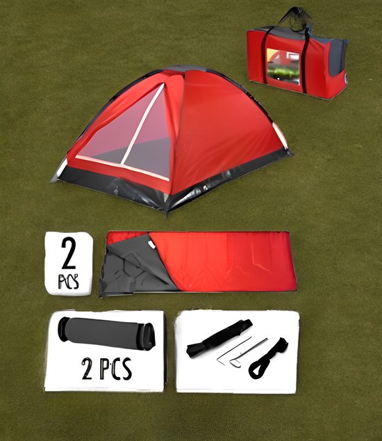 REDCLIFF Kampeerset - Tent + Slaapzakken + Matjes - Rood