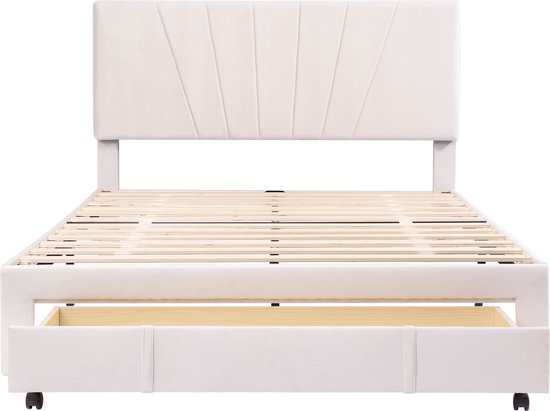 Merax Polsterbett 140 x 200 cm Bett mit Lattenrost, Rückenlehne und großer Schublade, Hautfreundliche Flanellstoff, Beige, Bett Doppelbett Jugendbett(Ohne Matratze)