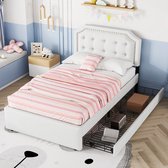Sweiko 90*200 cm plat bed, Gewatteerd bed, nachtkastbekleding met decoratieve klinknagels, dubbele laden, licht beige