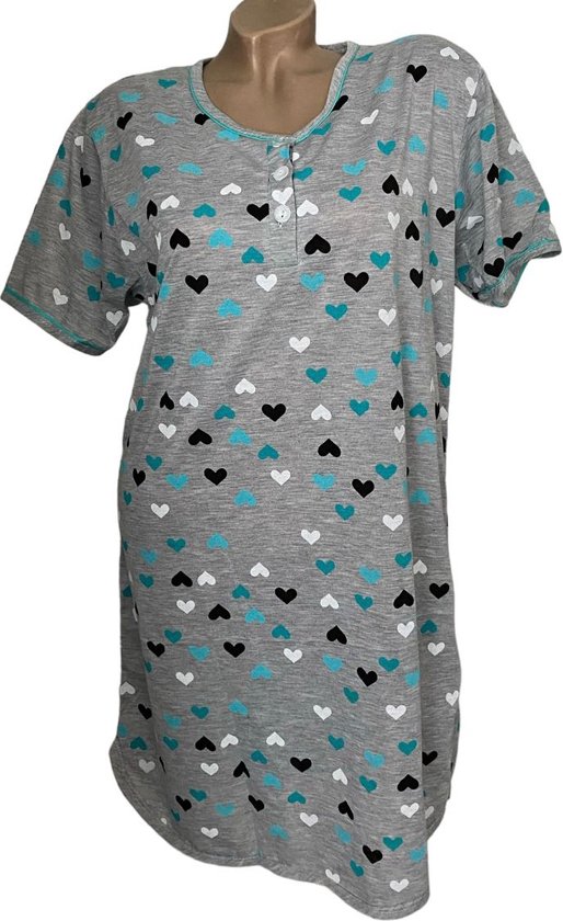 Dames nachthemd korte mouw 6507 met hartenprint XXXL grijs/groen