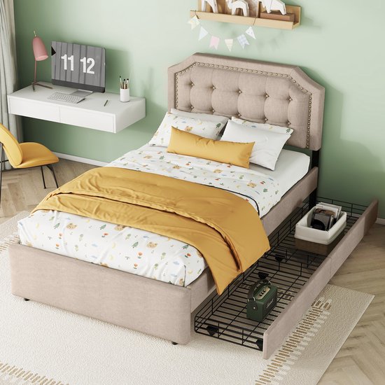 Sweiko 90*200 cm plat bed, Gewatteerd bed, nachtkastbekleding met decoratieve klinknagels, dubbele laden, donker beige