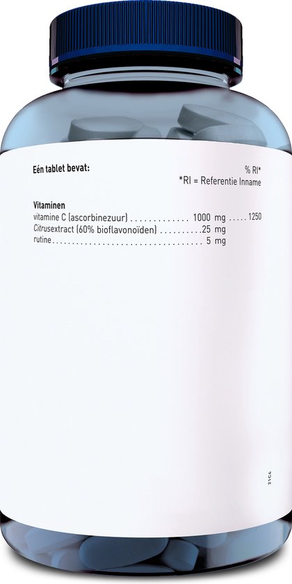 Achterkant van een Orthica C-1000 pot met voedingswaarde-informatie per tablet.
