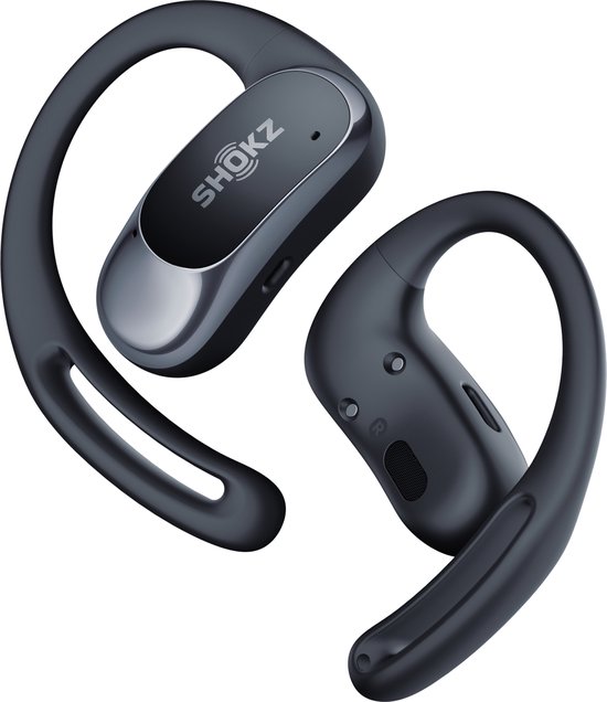 Gros plan de deux écouteurs Shokz noirs avec crochets d'oreille.