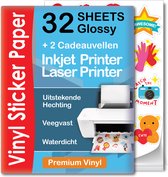 32 Glossy Vinyl Stickervellen A4 Printer Paper - Stickerpapier Voor Printer - Incl. 2 Geschenkvellen - Inkjet & Laser Printer - Waterbestendig - Scheurbestendig - Sneldrogend - Sticker Printer Papier - Sticker Papier - Stickerpapier A4