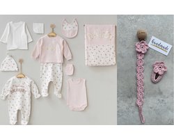 I love my mummy - I love my daddy - Baby - 10-delige newborn kledingset met handgemaakte speenkoord en haarclip - Meisjes - Newborn set - Babykleding - Babyshower cadeau - Kraamcadeau