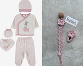Krabwantjes cadeau - Bugs bunny 5-delige baby newborn kleding set - Fopspeenkoord en haarclip cadeau - Newborn set - Babykleding - Babyshower cadeau - Kraamcadeau