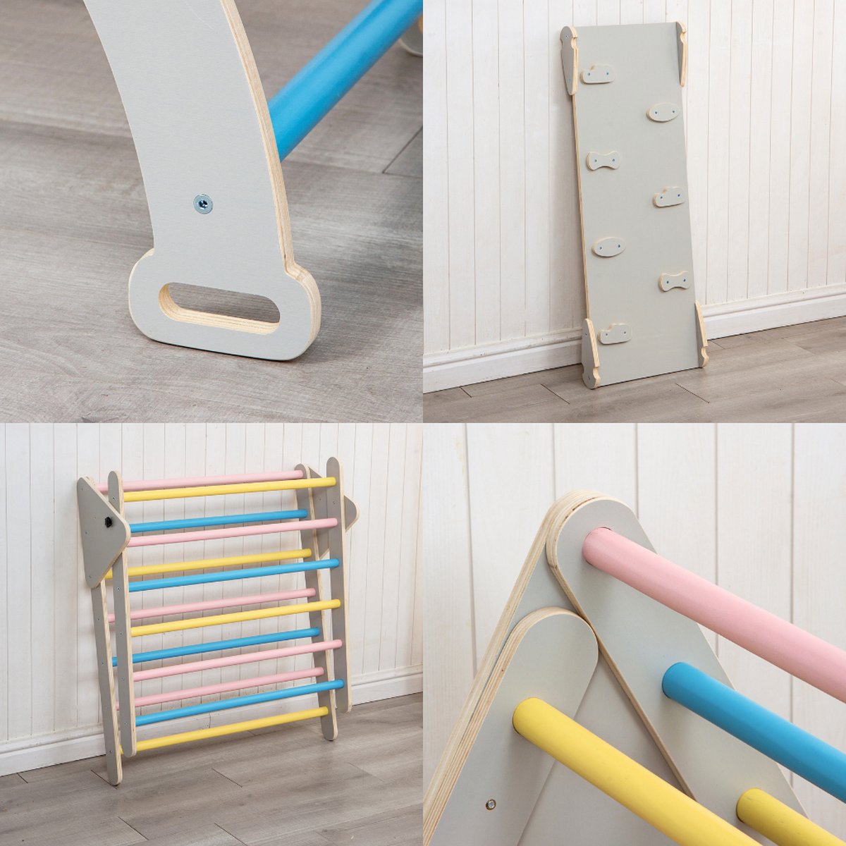 Buxibo XXL Klimrek - Opvouwbare Driehoek + Klimboog + Helling met Glijbaan - Montessori Meubels Houten Speelgym voor Binnen - Grijs - 210x83x81cm — afbeelding 3