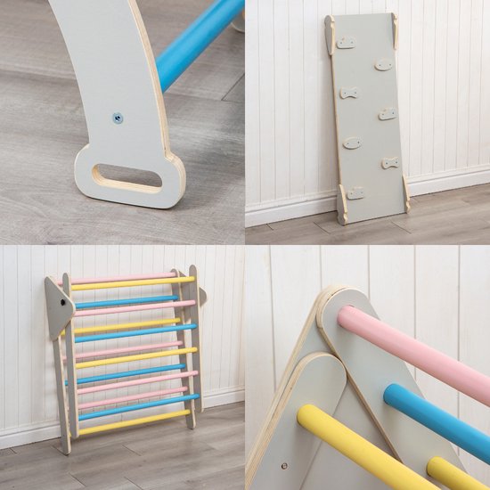Buxibo XXL Klimrek - Opvouwbare Driehoek + Klimboog + Helling met Klimrek/Glijbaan - Montessori Meubels Houten Speelgym voor Binnen - Grijs - 210x83x81cm van Buxibo — afbeelding 3