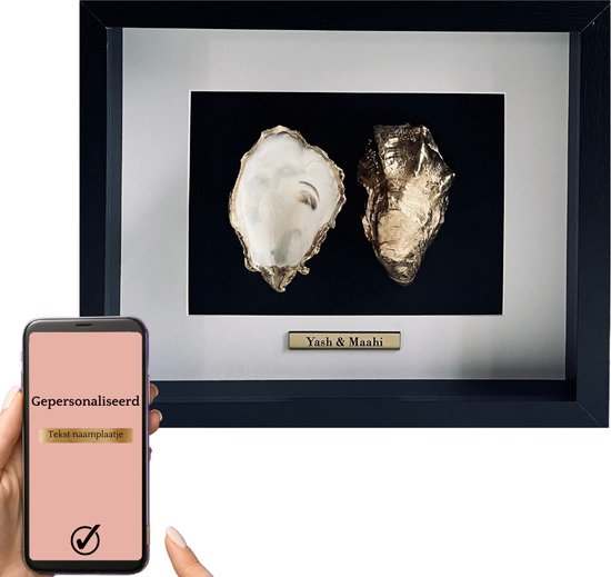 Label6 Cadre d'huîtres avec naam - Huîtres dorées dans un cadre - Huîtres avec étiquette nominative - Cadeau de mariage - Cadeau de mariage