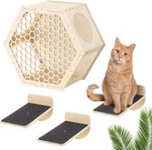 Navaris 4 delige kattenklimwand katten muur - 1 x Hexagon kattenmand muur - 3 x katten planken voor de muur - Katten klimmuur - Triplex hout
