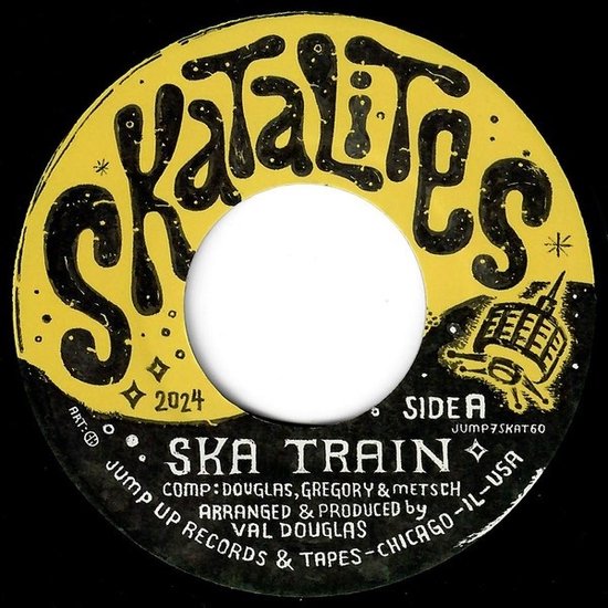 Geel en zwart vinylplaatlabel voor The Skatalites 'Ska Train' met een handgetekende stijl, 2024, en een ruimteschip.