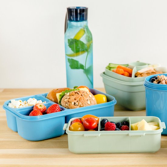 Lock&Lock Lunch Box - Bento Box - Boîte à pain - Salad Lunch Box - Avec 3 compartiments | Coffrets - Avec Dressing | Tasse à Sauce - Adultes et Enfants - To Go - Anti-fuite - Sans BPA - 980 ml - Blauw