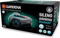 Doos van GARDENA SILENO minimo robotmaaier met afbeelding van de maaier, 250m² en Bluetooth.